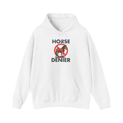 Horse denier slogan: a brown horse inside a red no symbol, HORSE above, DENIER below, on a hoodie — White