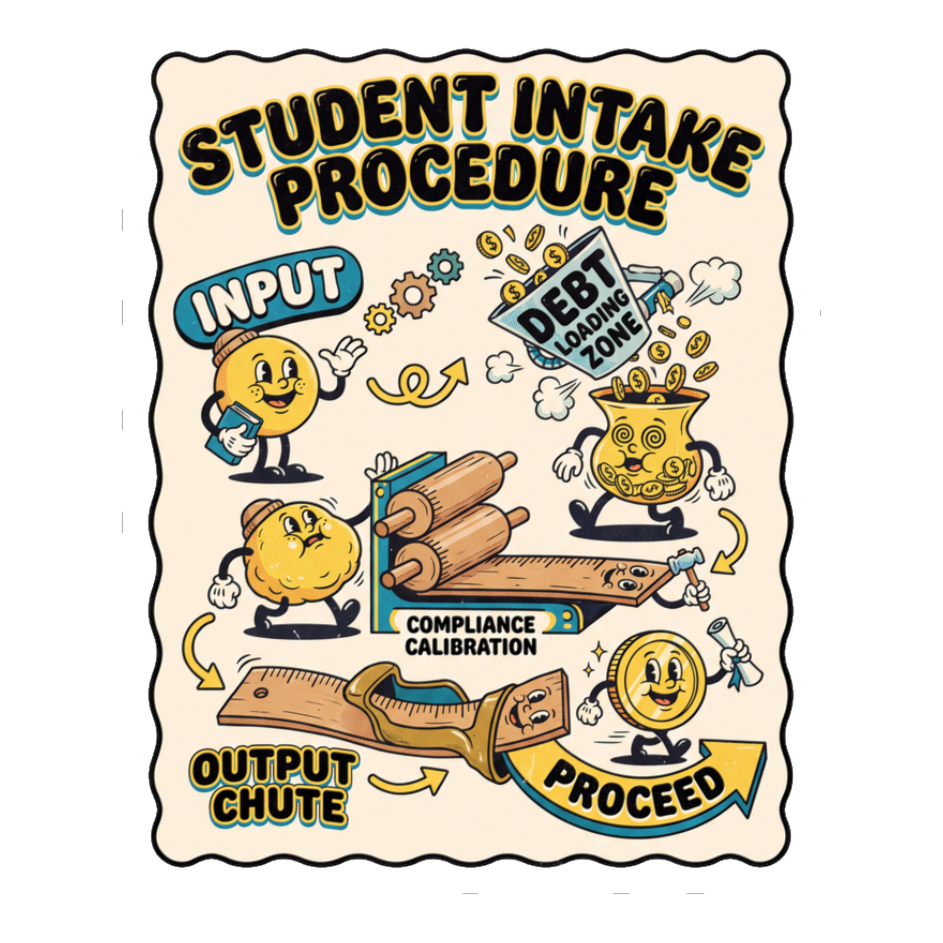 Student Intake Procedure Sticker — Funny College Debt Decal — White