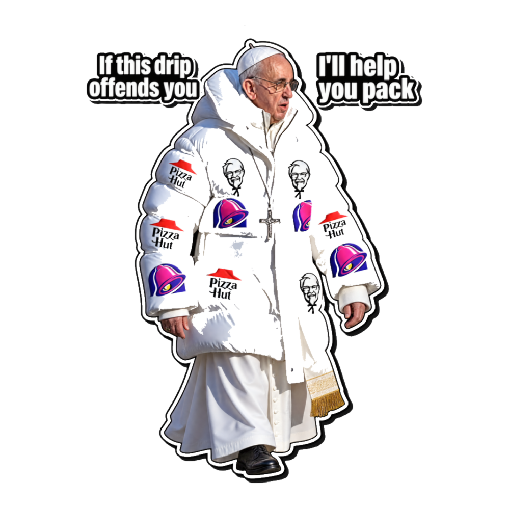 Stuffed Crust Pontiff Sticker — Funny Pope Francis Puffer Jacket Meme — White