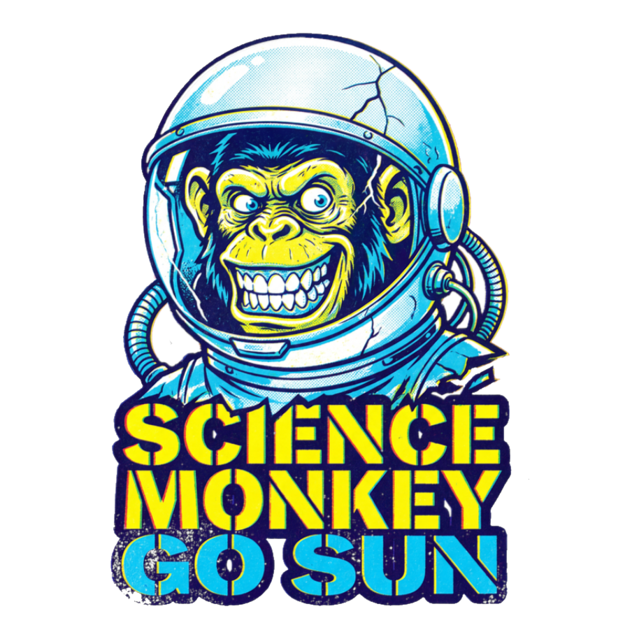 A bootleg-style cartoon astronaut enthusiastically flying directly into the sun with the text Super Science Go To Sun.