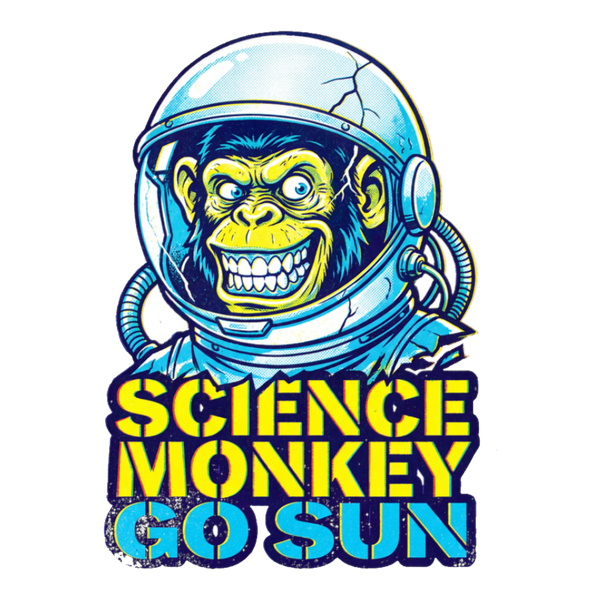 A bootleg-style cartoon astronaut enthusiastically flying directly into the sun with the text Super Science Go To Sun.