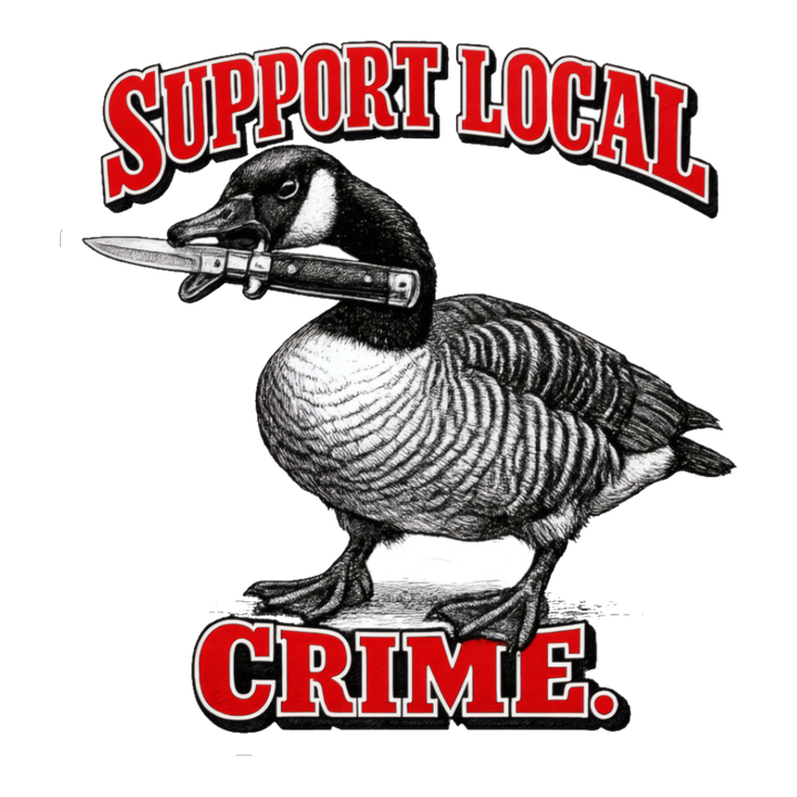 Support Local Crime Goose Sticker — Funny Goose with Knife — White