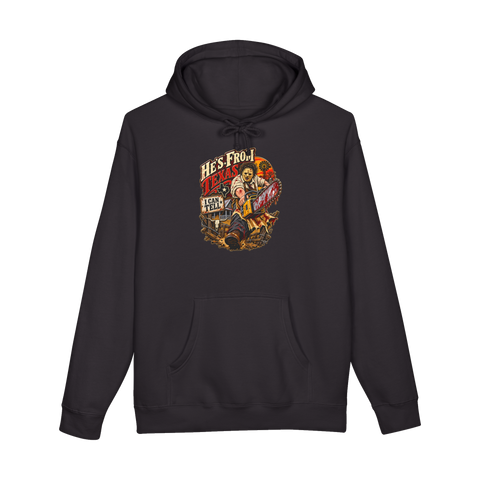 Leatherface revving a bloody chainsaw under He's From Texas, I Can Tell, on a hoodie — Black