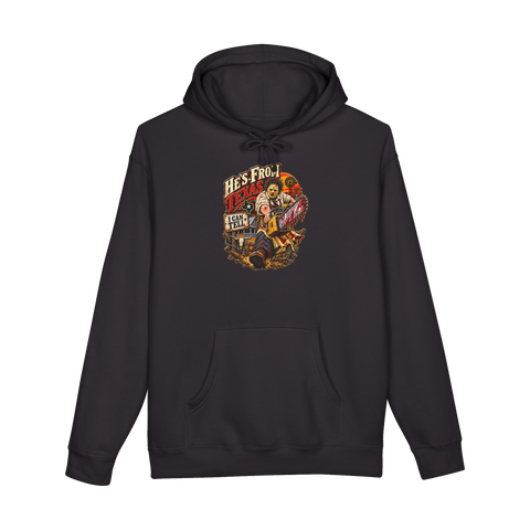 Leatherface revving a bloody chainsaw under He's From Texas, I Can Tell, on a hoodie