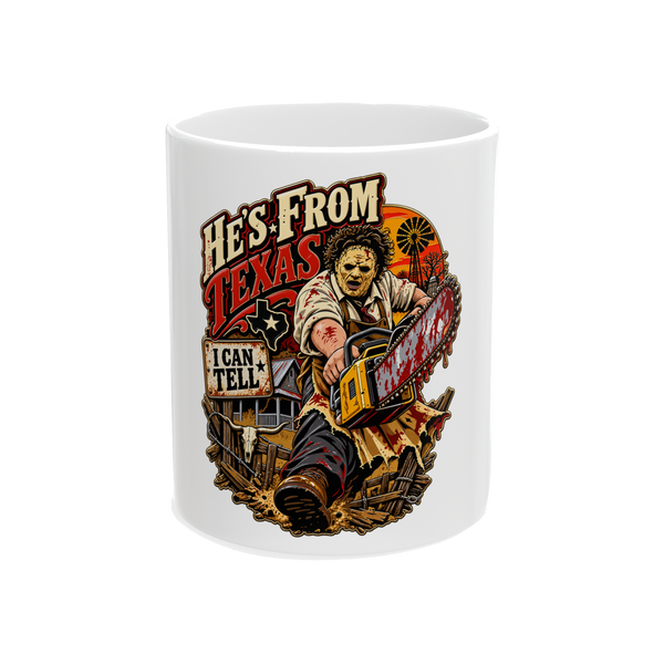 Support Local Texas Butchers funny horror parody graphic on a white mug.