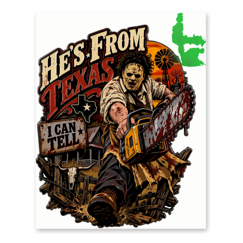 Support Local Texas Butchers funny horror movie parody poster featuring a chainsaw-wielding maniac.