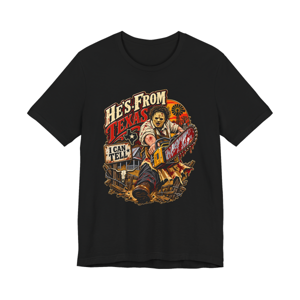 A funny horror movie parody t-shirt that says Support Local Texas Butchers in a vintage bloody comic style.