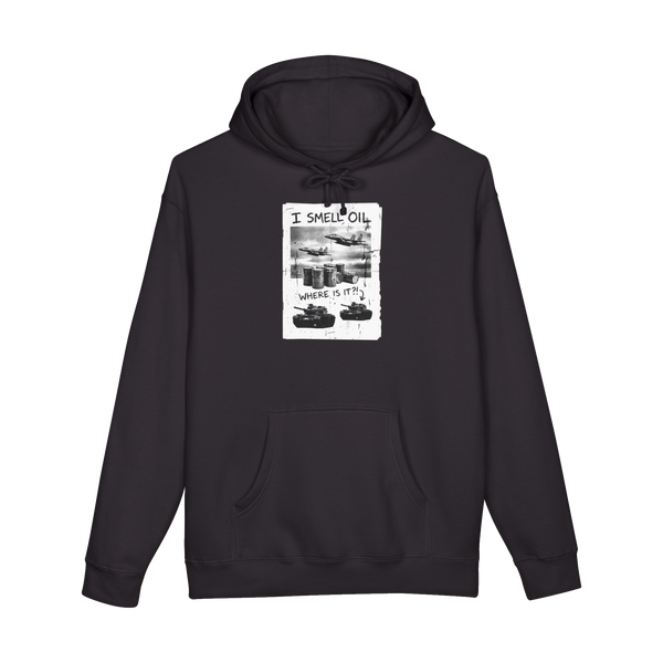 Grungy collage art of military aircraft and heavy artillery searching for oil, on a tactical dowsing hoodie.