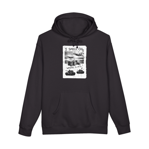 War for oil zine page: jets, oil drums and tanks under I SMELL OIL, WHERE IS IT?!, on a hoodie — Black
