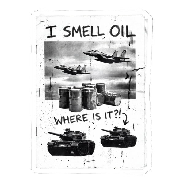 Tactical Dowsing sticker featuring a grungy collage about military force and oil