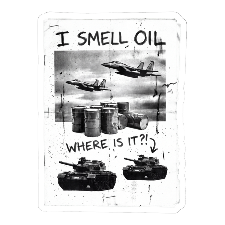 Tactical Dowsing sticker featuring a grungy collage about military force and oil