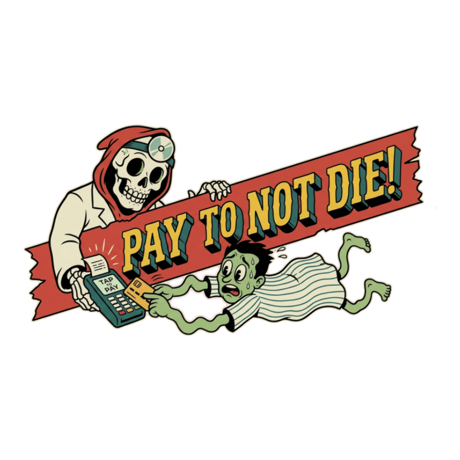 Tap To Continue Existing — Funny American Healthcare Sticker