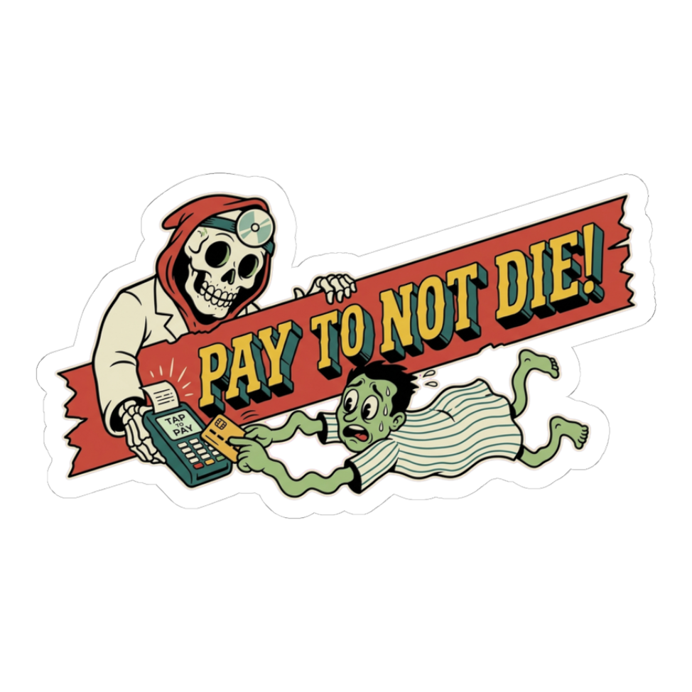 Tap To Continue Existing — Funny American Healthcare Sticker