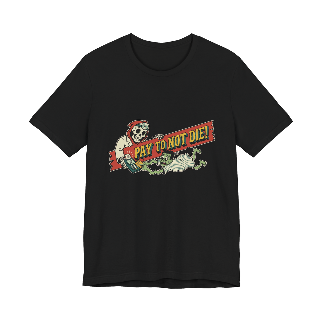 Tap To Continue Existing — Funny Healthcare Dystopia T-Shirt — Black