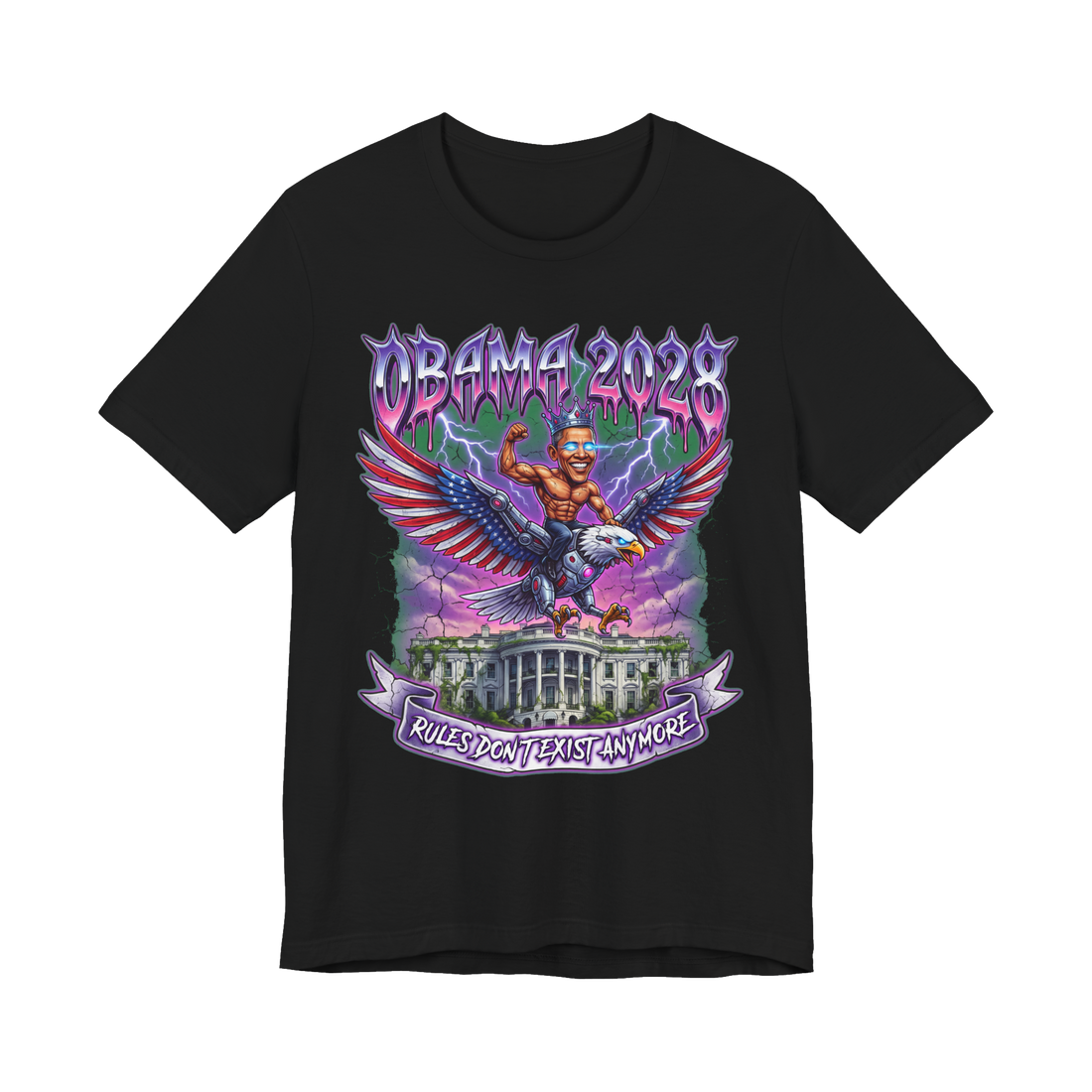 Shirtless Barack Obama with laser eyes riding a cyborg eagle over the White House, on a t-shirt — Black