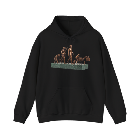 Bronze carcinization sculpture: ape to man to a crab carrying a briefcase, on a hoodie — Black
