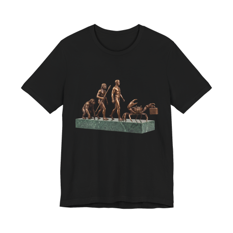 Bronze carcinization sculpture: ape to man to a crab carrying a briefcase, on a t-shirt — Black