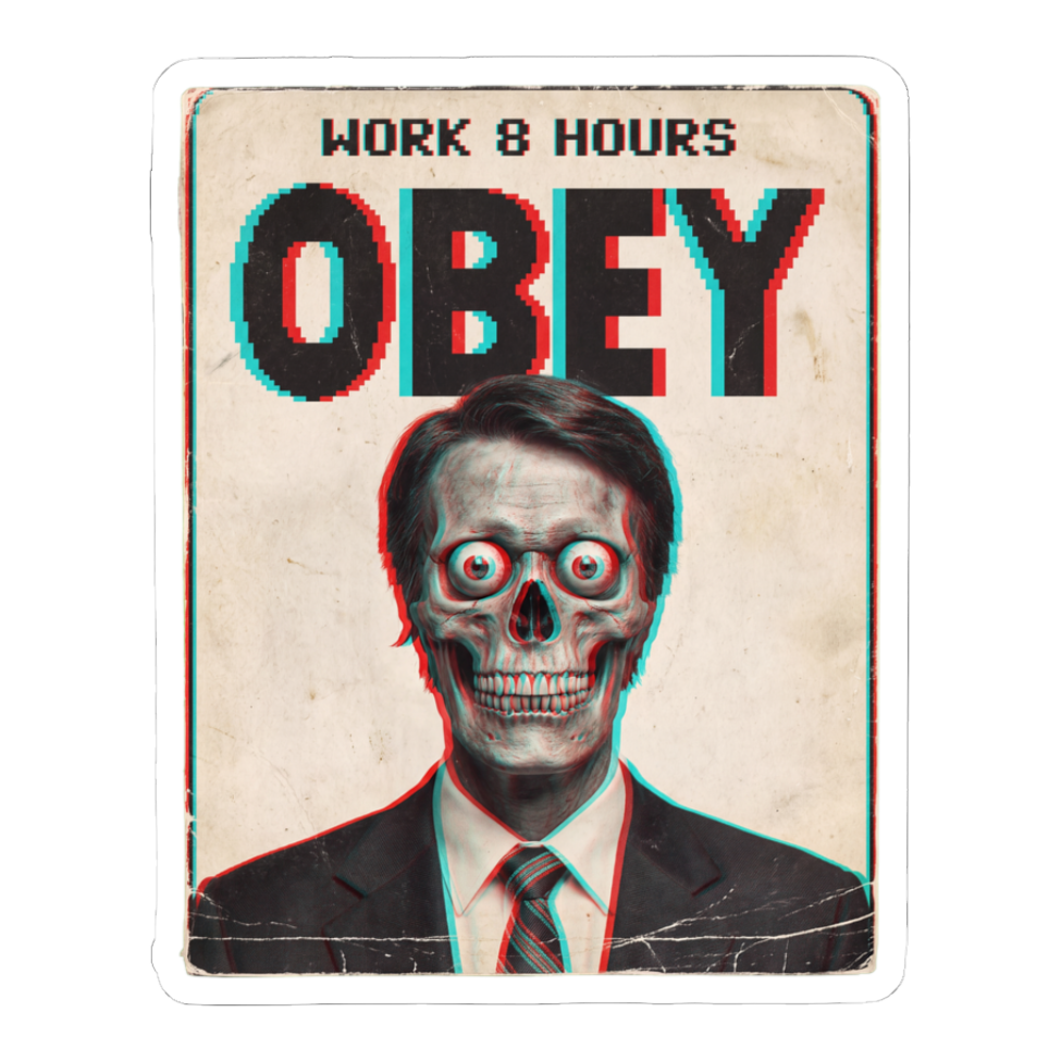 A retro 3D anaglyph style graphic showing a monstrous alien in a corporate business suit.