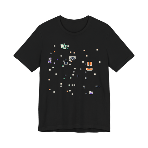 Season 1 crowdsourced pixel art mural of scattered tiles, doodles and a smiley face, on a t-shirt — Black