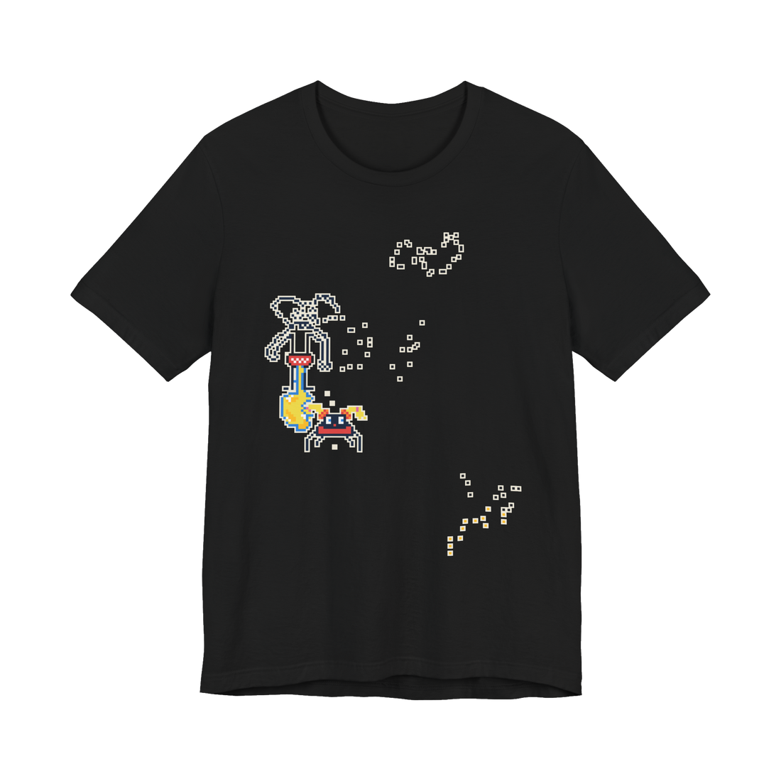 Crowd-painted pixel art mural with a stick-figure creature, a red bug and scattered tiles, on a t-shirt — Black