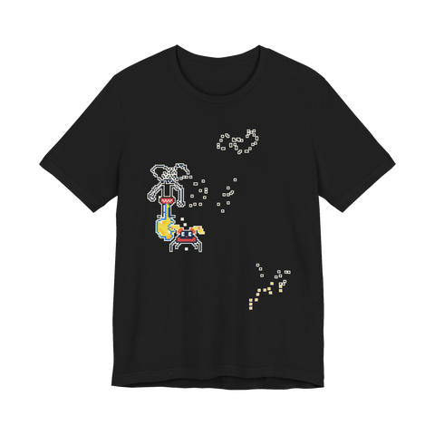 Crowd-painted pixel art mural with a stick-figure creature, a red bug and scattered tiles, on a t-shirt — Black