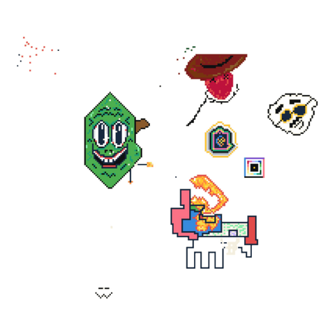 Season 5 community pixel art mural: a grinning green blob, a tongue in a hat, scribbles, on a sticker — White