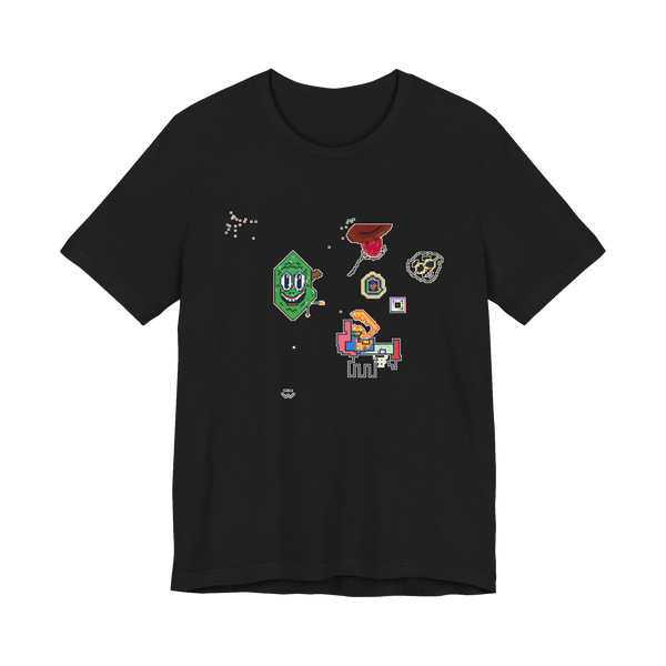 The Commission Season 5 mural design on a t-shirt, featuring chaotic crowdsourced internet art.