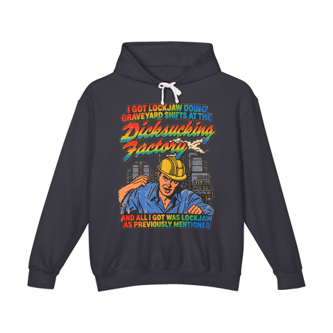 The Dicksucking Factory Graveyard Shift Hoodie — Funny Blue Collar — Black