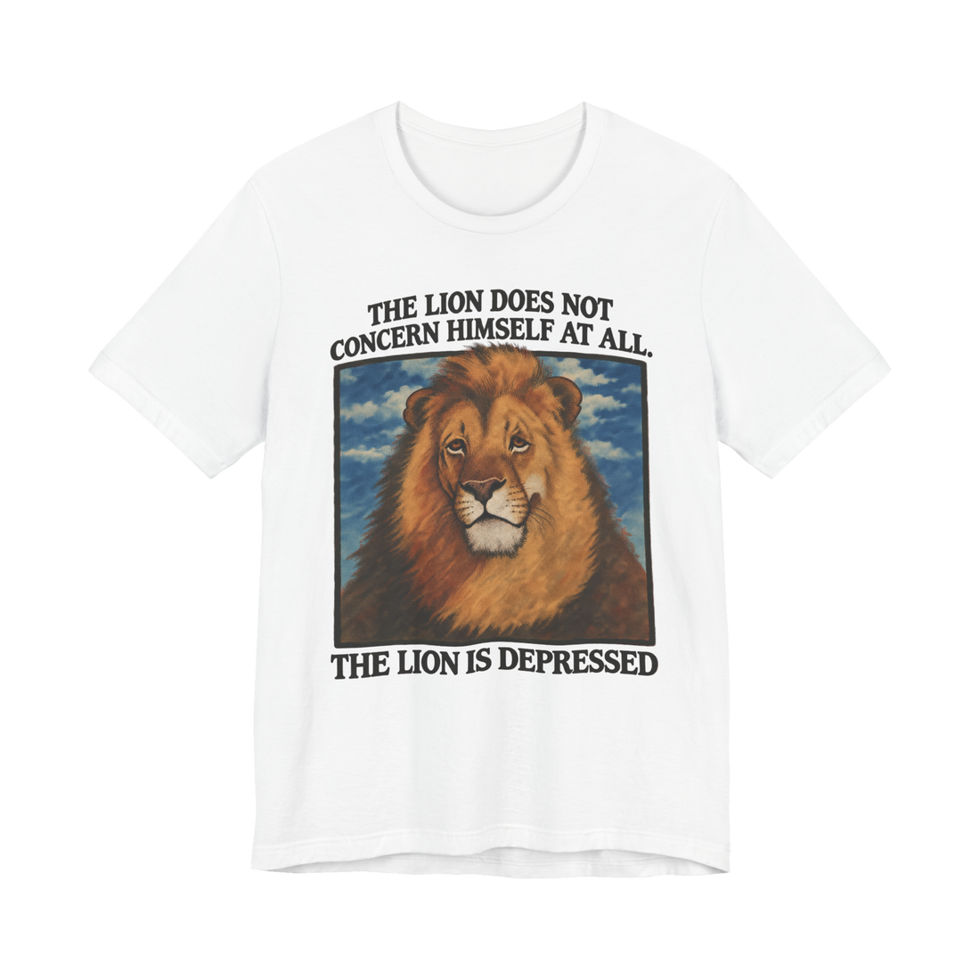 Retro illustration of a sad depressed lion staring blankly, subverting the alpha male hustle culture paradigm.