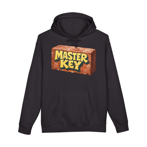 A graphic hoodie featuring an illustration of a brick with bouncy, cheerful text reading The Master Key.