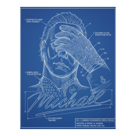 A blueprint style illustration combining a horror movie slasher and a pop star with technical diagrams.