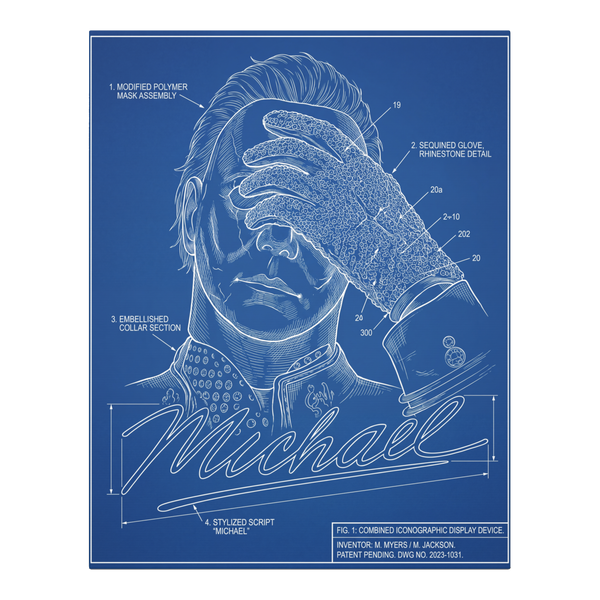 A blueprint style illustration combining a horror movie slasher and a pop star with technical diagrams.