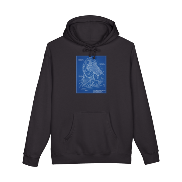 Blueprint schematic on a hoodie showing a hybrid of Michael Myers and a pop star holding a sequined butcher knife.
