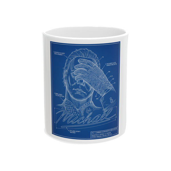 Industrial blueprint schematic combining Michael Myers and an 80s pop star on a white coffee mug.
