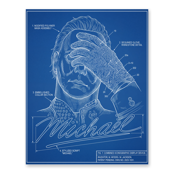 Industrial blueprint schematic combining a famous slasher movie villain with a pop star