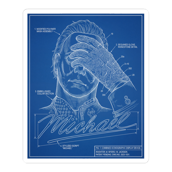 A blueprint schematic of a Michael Myers and Michael Jackson hybrid holding a butcher knife and doing a pop dance pose.