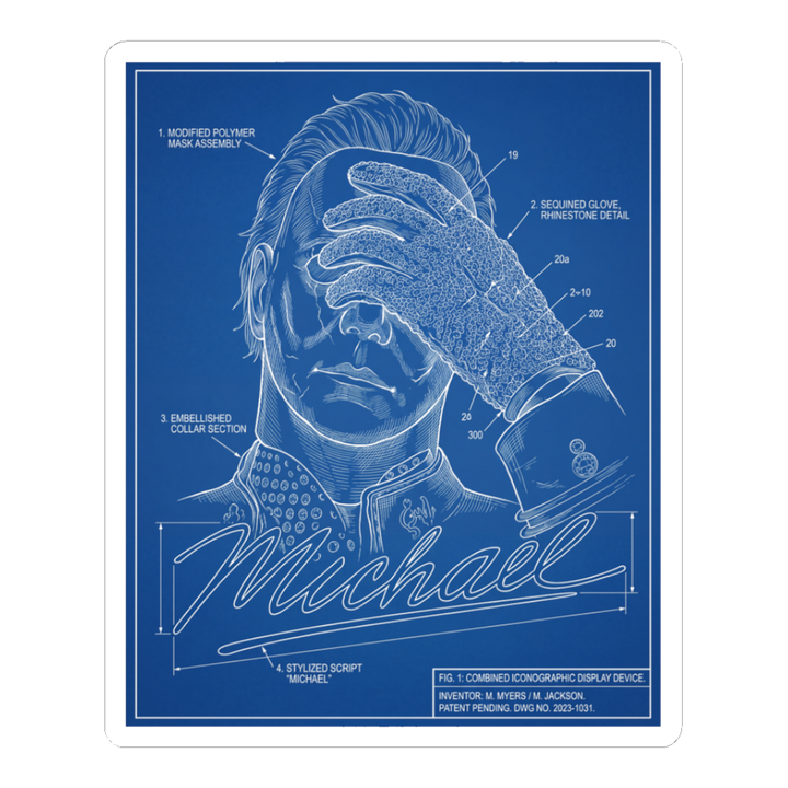 A blueprint schematic of a Michael Myers and Michael Jackson hybrid holding a butcher knife and doing a pop dance pose.