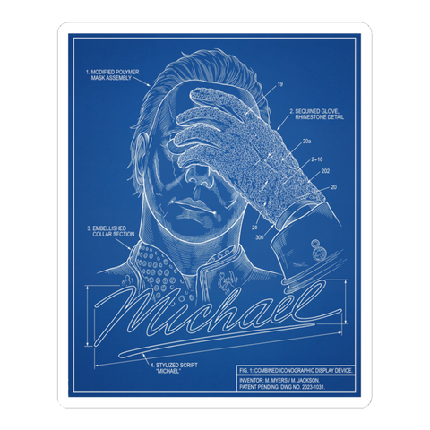 Patent blueprint fusing Michael Myers' mask with Michael Jackson's sequined glove, on a sticker — White