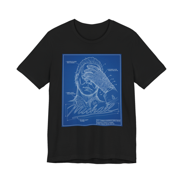 A blueprint schematic mashing up Michael Myers and Michael Jackson on a graphic t-shirt
