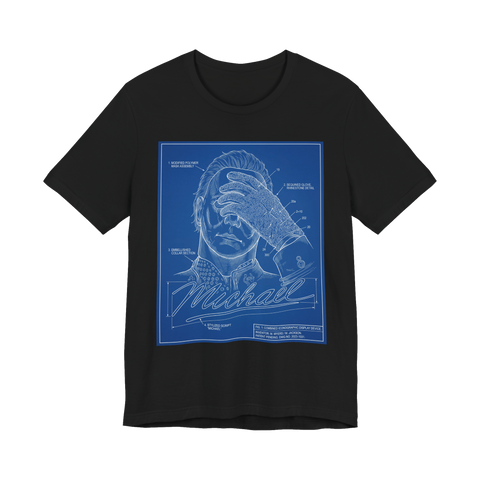 Patent blueprint fusing Michael Myers' mask with Michael Jackson's sequined glove, on a t-shirt — Black