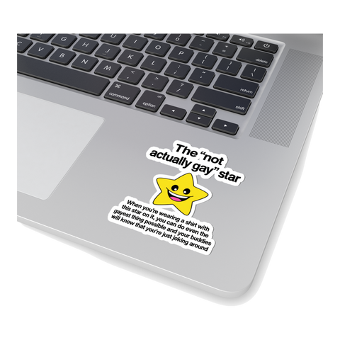 The Not Actually Gay Star Sticker — Cartoon Irony Masculinity Homies — White