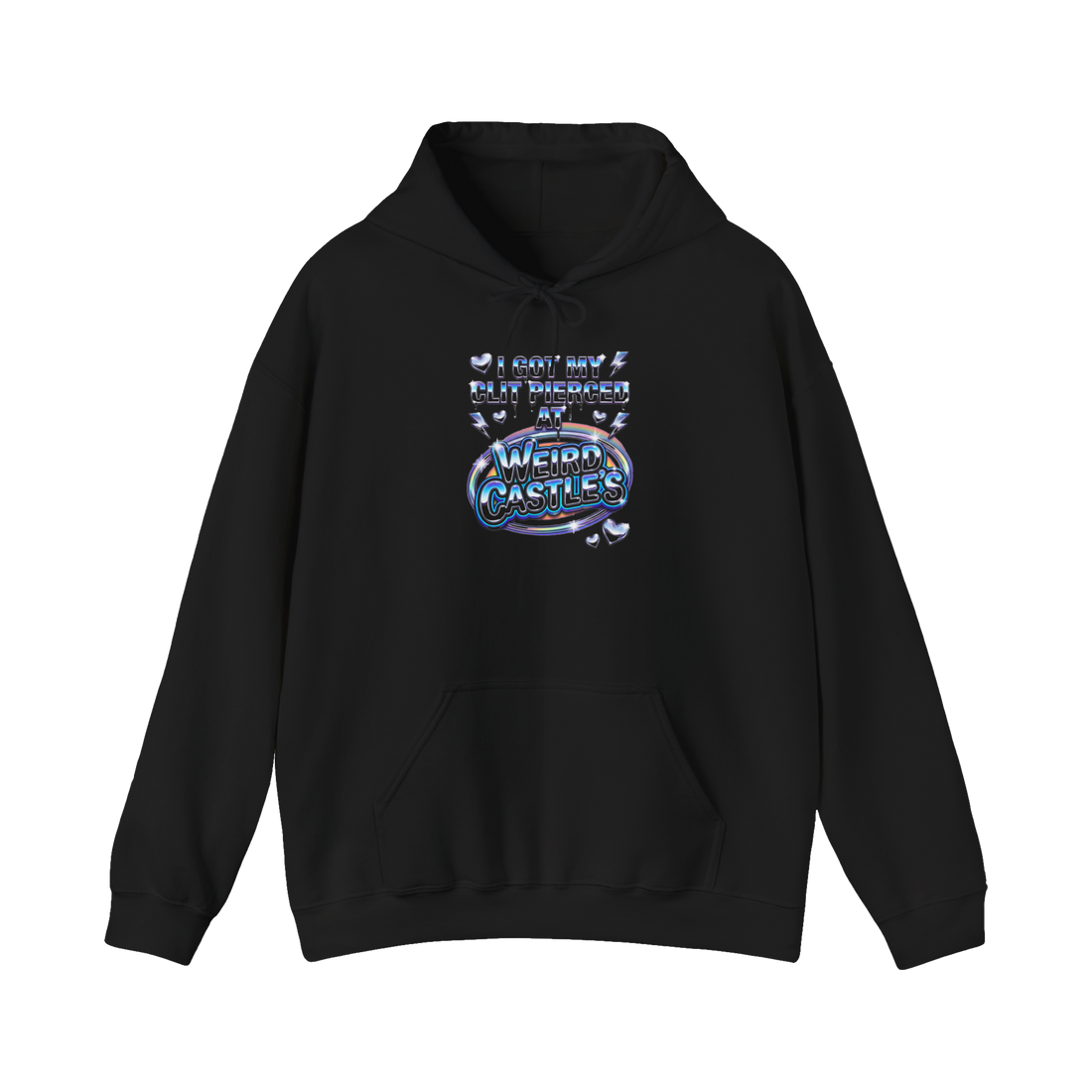 Y2K chrome White Castle-style logo: I GOT MY CLIT PIERCED AT WEIRD CASTLE'S, on a hoodie — Black