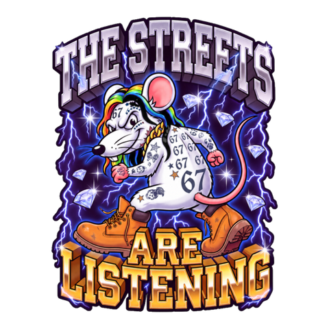 Cartoon rat in a 67 jersey under purple lightning, THE STREETS ARE LISTENING, on a sticker — White