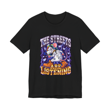 Cartoon rat in a 67 jersey under purple lightning, THE STREETS ARE LISTENING, on a t-shirt — Black