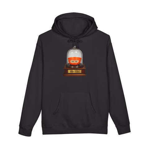 A hoodie featuring a museum exhibit plaque about stealing an entire bowl of unattended Halloween candy.