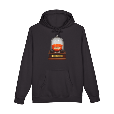 Halloween candy bowl marked TAKE ONE in a museum case, plaque reading TOOK IT ALL, on a hoodie — Black
