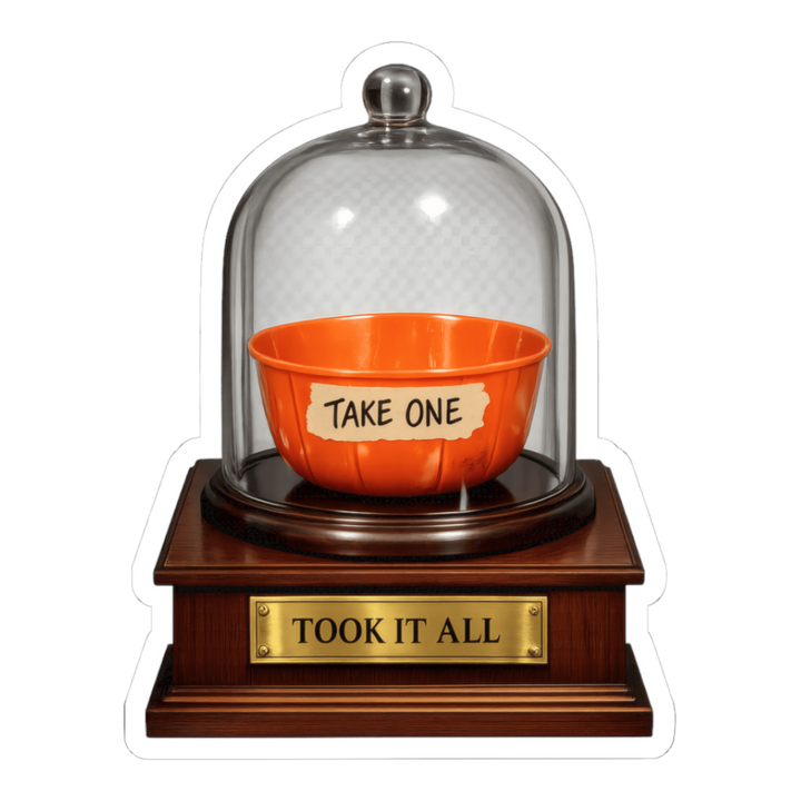 Empty Take One Halloween candy bowl in a museum dome, plaque: Took It All, on a sticker — White