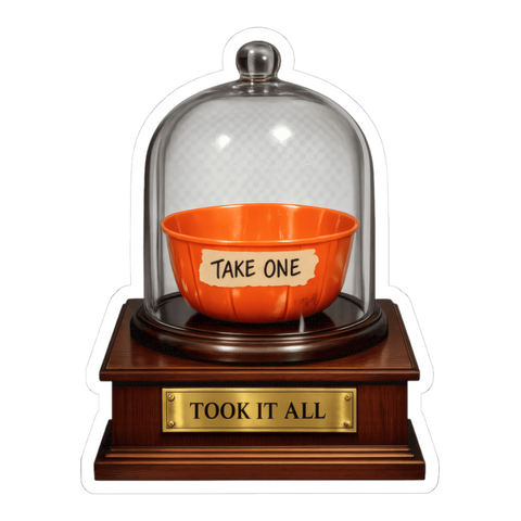 Empty Take One Halloween candy bowl in a museum dome, plaque: Took It All, on a sticker — White