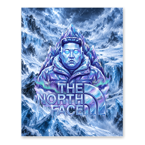 Icy portrait of Kim Jong Un in a puffer jacket above THE NORTH FACE lettering, on a poster