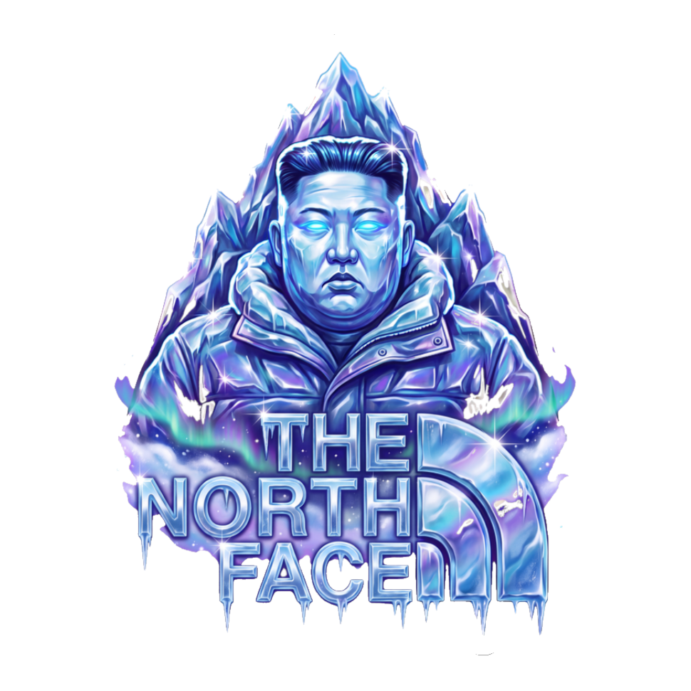 A parody sticker of an outdoor apparel brand logo featuring the face of Kim Jong Un and the words The True North Face.